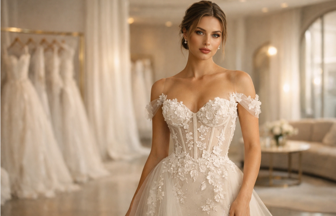 Luxe trouwjurk 2026 met couture korset en 3D bloemen kant in de bruidsboutique van Highclass Dress.